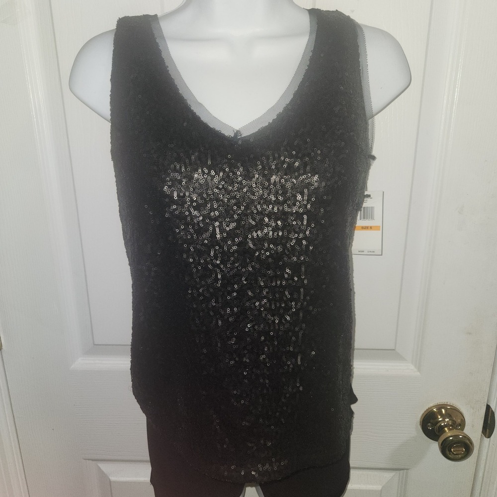 Jessica Simpson Womens Black Sequin V-Neck Mesh Trim Sleeveless Tank Top S NEW